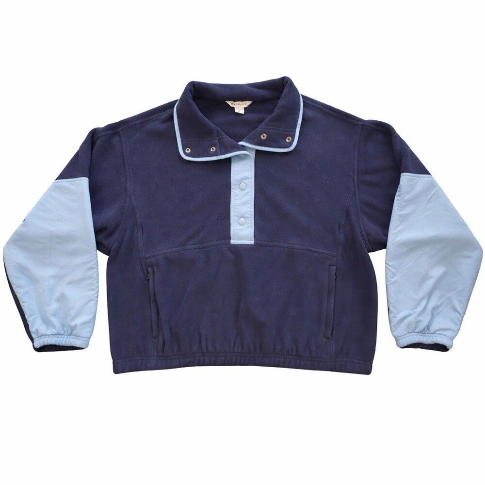 Athleta Womens L Navy Fleece Snap Neck Pullover Cropped Zip Pockets - Picture 3 of 5